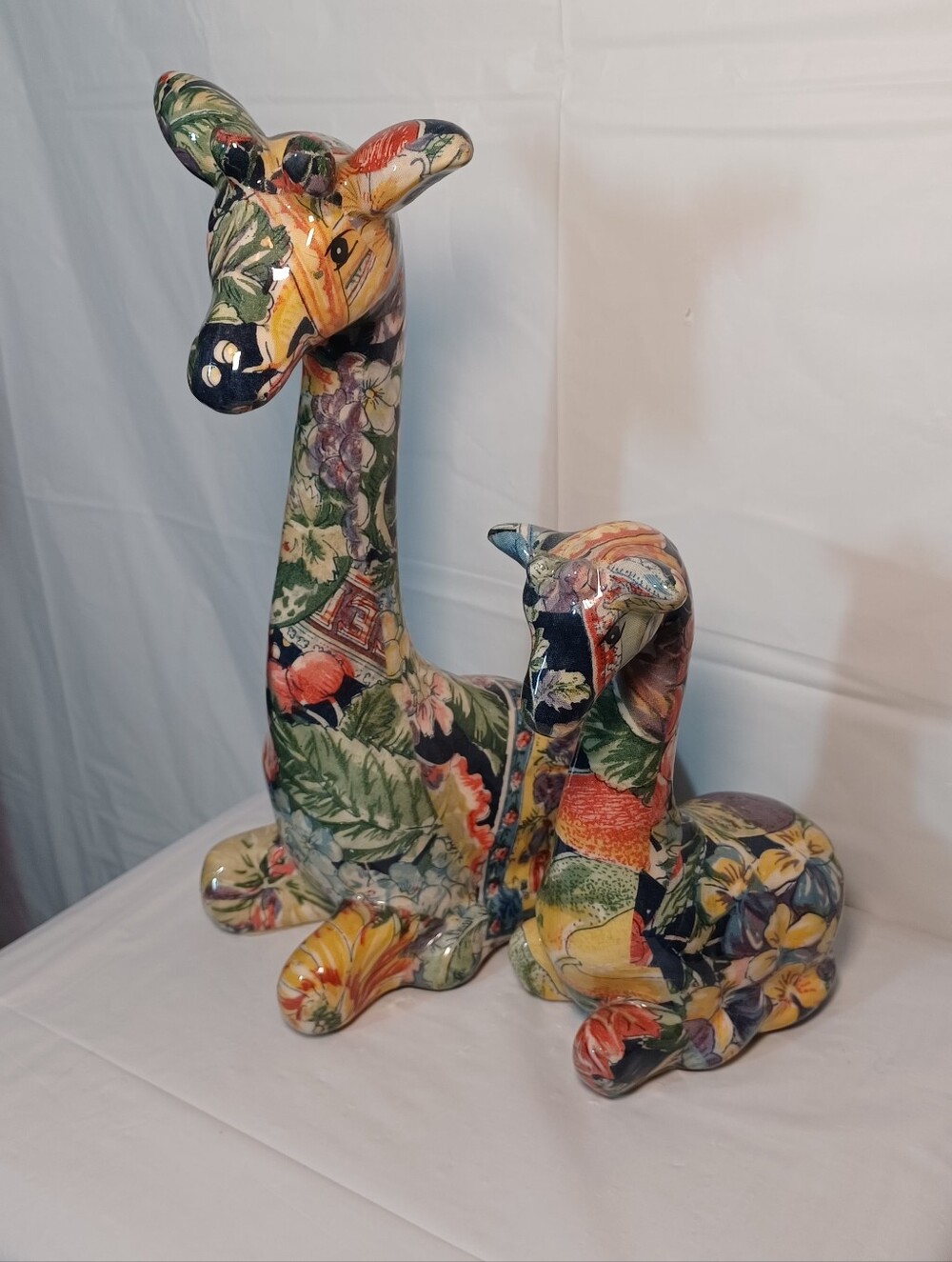 Vintage Floral Ceramic Mother and Baby Giraffe Figurine Set Multicolor Art Deco